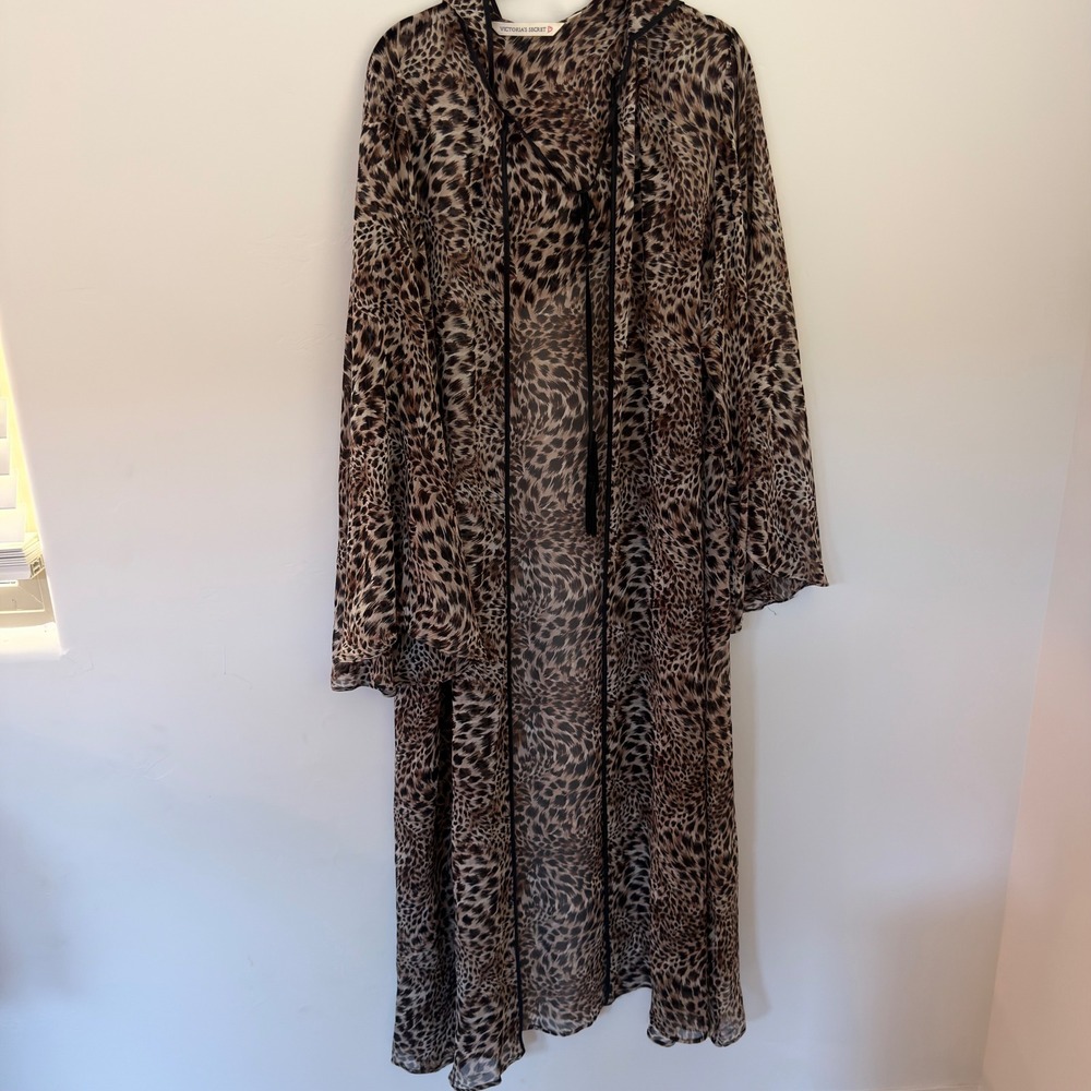 Victorias Secret 100% Silk Leopard Print Hooded Duster Robe Sheer Long Kimono ML